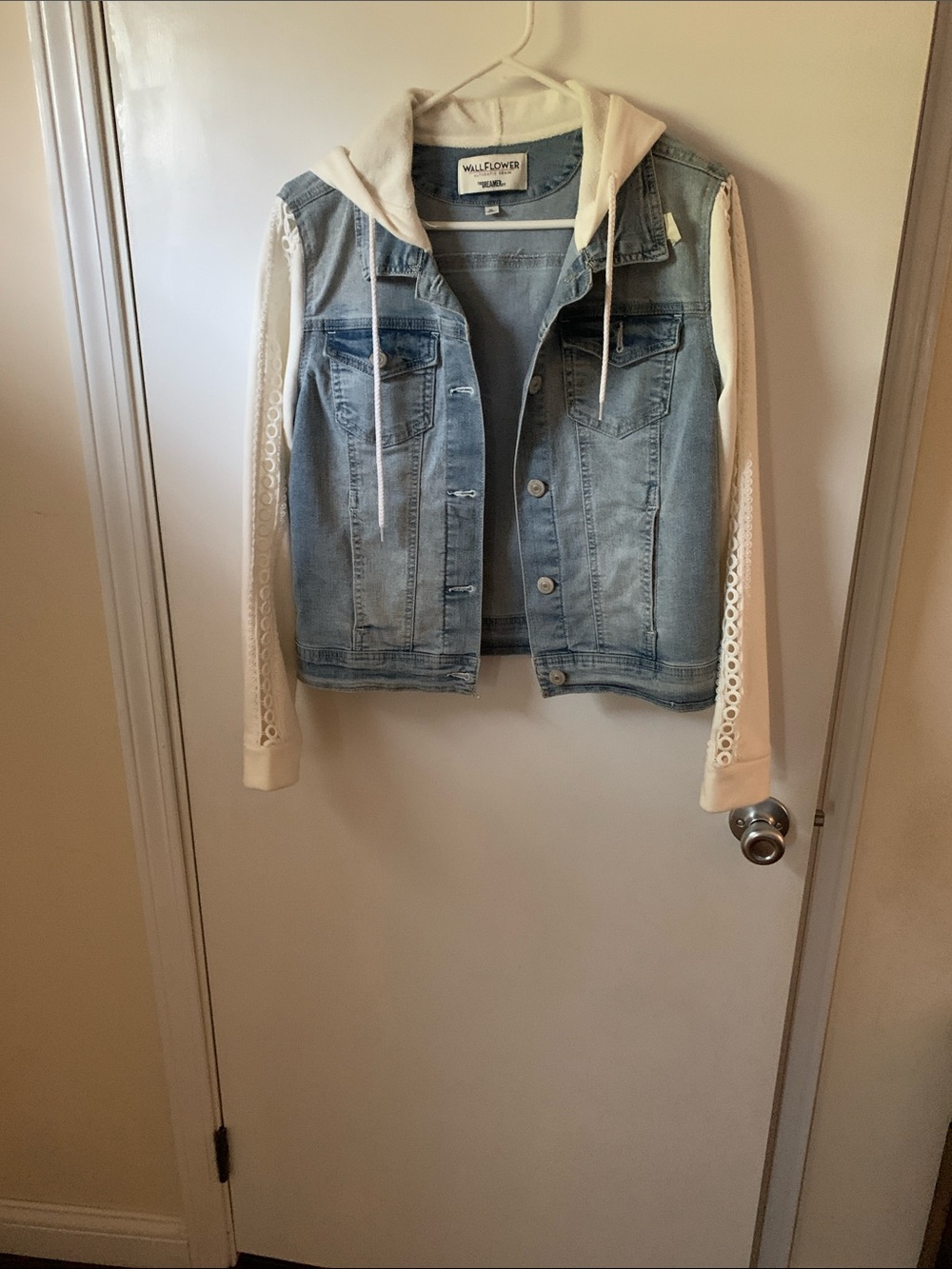 Wallflower Light Blue Denim Jacket with Cream Hoodie Sleeves